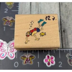 Inkadinkado Scuba Diver Fish Swimming Sport Rubber Stamp Wood #M20